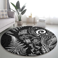 New Zealand Sea Animals Round Carpet with Maori Koru Tribal Tattoo and Silver Ferns Black Color LT03 - Polynesian Pride