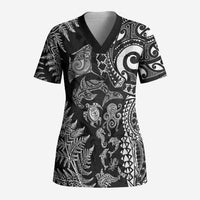 New Zealand Sea Animals Scrub Top with Maori Koru Tribal Tattoo and Silver Ferns Black Color LT03 Adult Black - Polynesian Pride