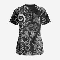 New Zealand Sea Animals Scrub Top with Maori Koru Tribal Tattoo and Silver Ferns Black Color LT03 - Polynesian Pride