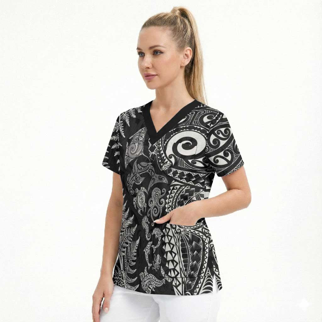 New Zealand Sea Animals Scrub Top with Maori Koru Tribal Tattoo and Silver Ferns Black Color LT03 - Polynesian Pride