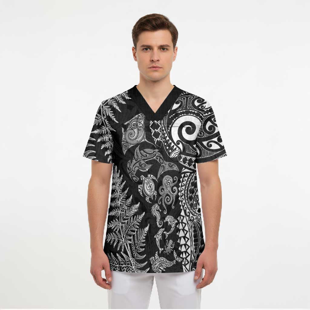 New Zealand Sea Animals Scrub Top with Maori Koru Tribal Tattoo and Silver Ferns Black Color LT03 - Polynesian Pride