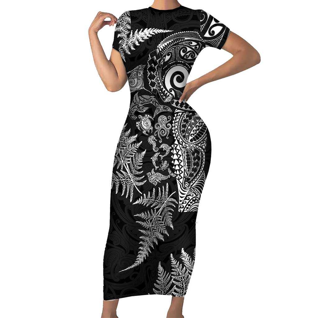 New Zealand Sea Animals Short Sleeve Bodycon Dress with Maori Koru Tribal Tattoo and Silver Ferns Black Color LT03 Long Dress Black - Polynesian Pride