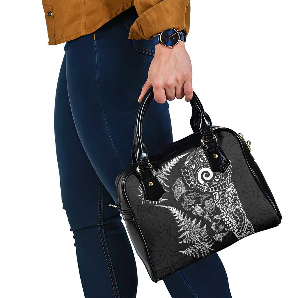 New Zealand Sea Animals Shoulder Handbag with Maori Koru Tribal Tattoo and Silver Ferns Black Color LT03 - Polynesian Pride