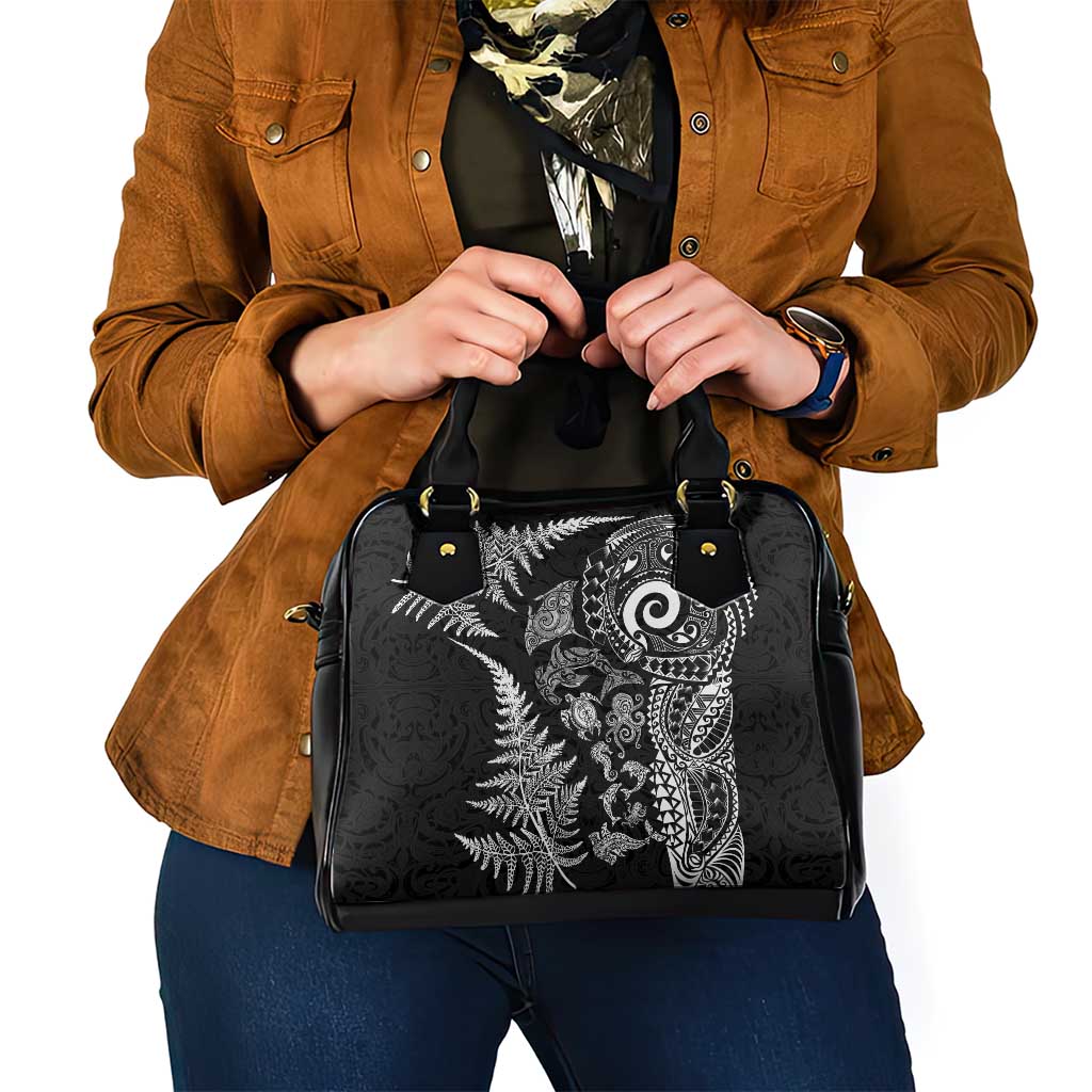 New Zealand Sea Animals Shoulder Handbag with Maori Koru Tribal Tattoo and Silver Ferns Black Color LT03 - Polynesian Pride