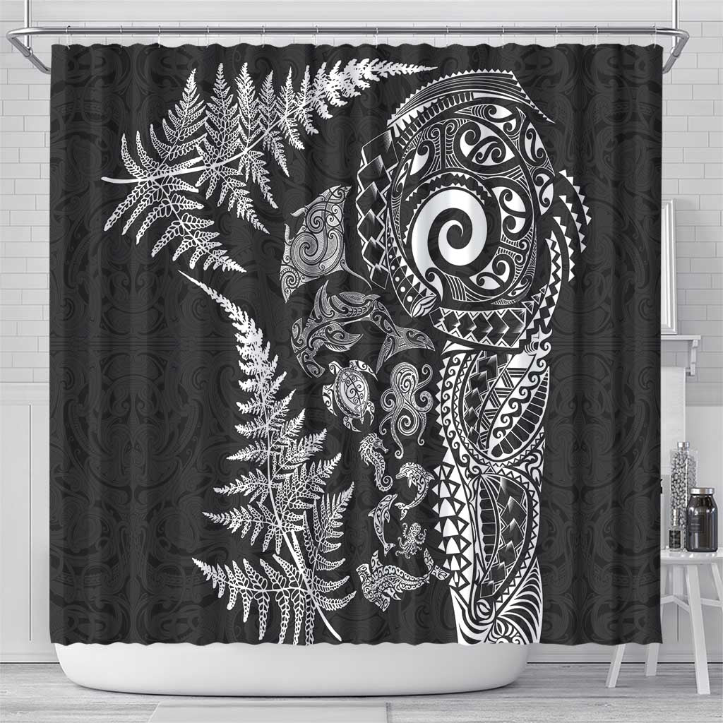 New Zealand Sea Animals Shower Curtain with Maori Koru Tribal Tattoo and Silver Ferns Black Color LT03 - Polynesian Pride