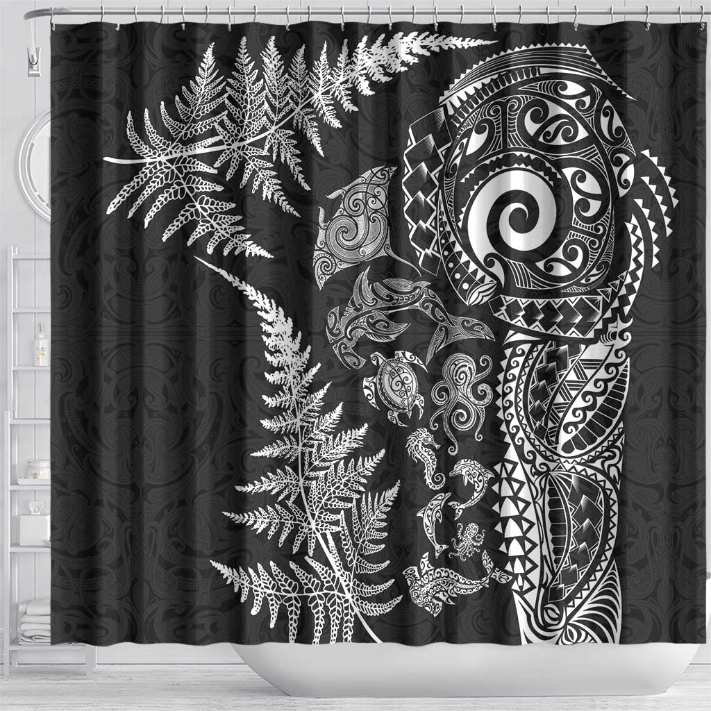New Zealand Sea Animals Shower Curtain with Maori Koru Tribal Tattoo and Silver Ferns Black Color LT03 - Polynesian Pride