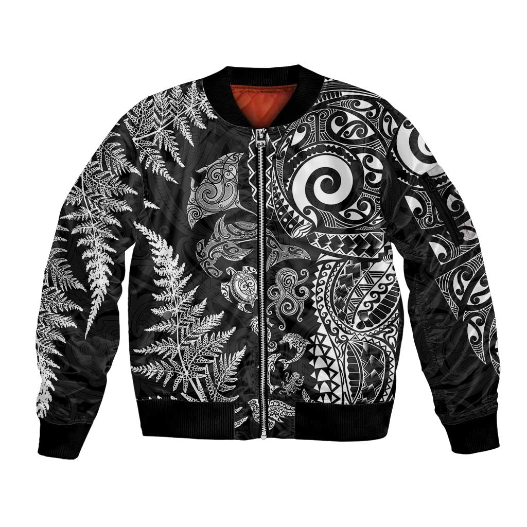 New Zealand Sea Animals Sleeve Zip Bomber Jacket with Maori Koru Tribal Tattoo and Silver Ferns Black Color