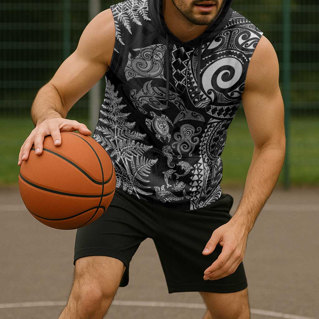 New Zealand Sea Animals Sleeveless Hoodie with Maori Koru Tribal Tattoo and Silver Ferns Black Color LT03 - Polynesian Pride