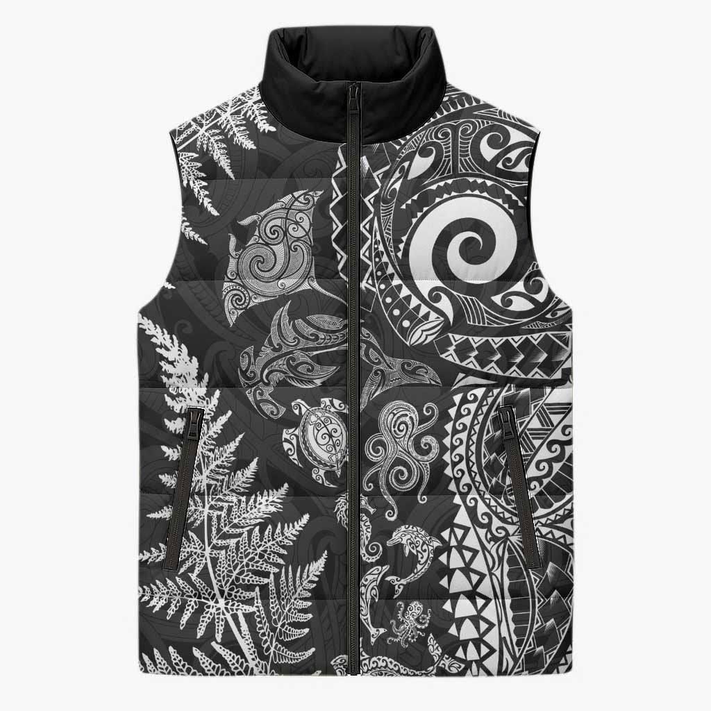 New Zealand Sea Animals Sleeveless Puffer Jacket with Maori Koru Tribal Tattoo and Silver Ferns Black Color
