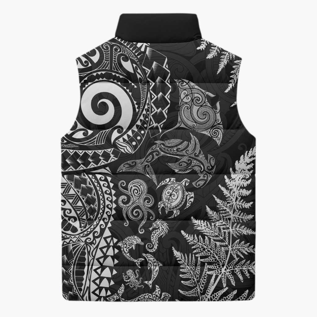 New Zealand Sea Animals Sleeveless Puffer Jacket with Maori Koru Tribal Tattoo and Silver Ferns Black Color LT03 - Polynesian Pride