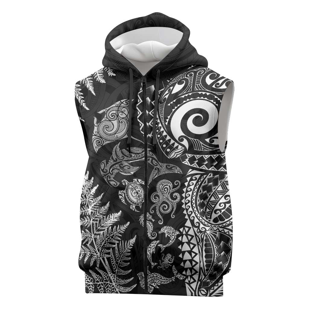 New Zealand Sea Animals Sleeveless Zip Hoodie with Maori Koru Tribal Tattoo and Silver Ferns Black Color
