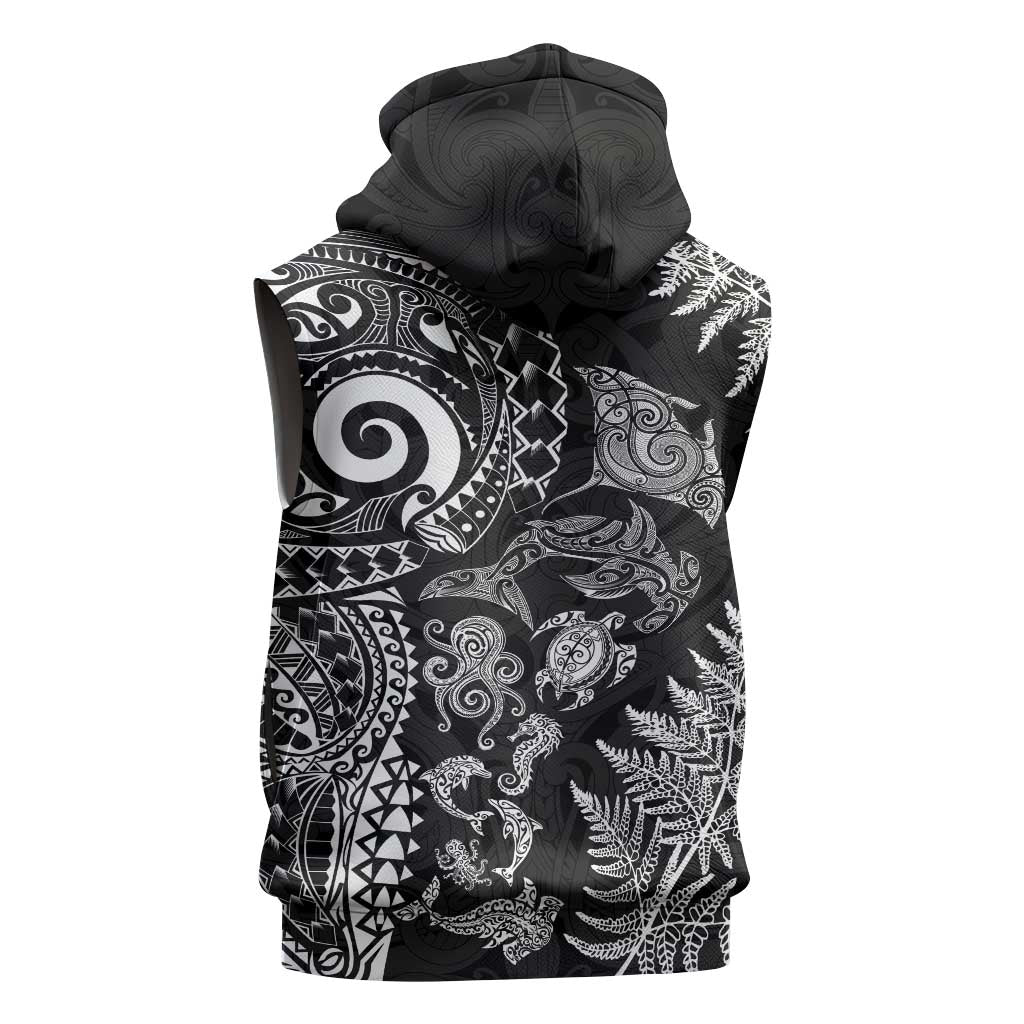 New Zealand Sea Animals Sleeveless Zip Hoodie with Maori Koru Tribal Tattoo and Silver Ferns Black Color LT03 - Polynesian Pride