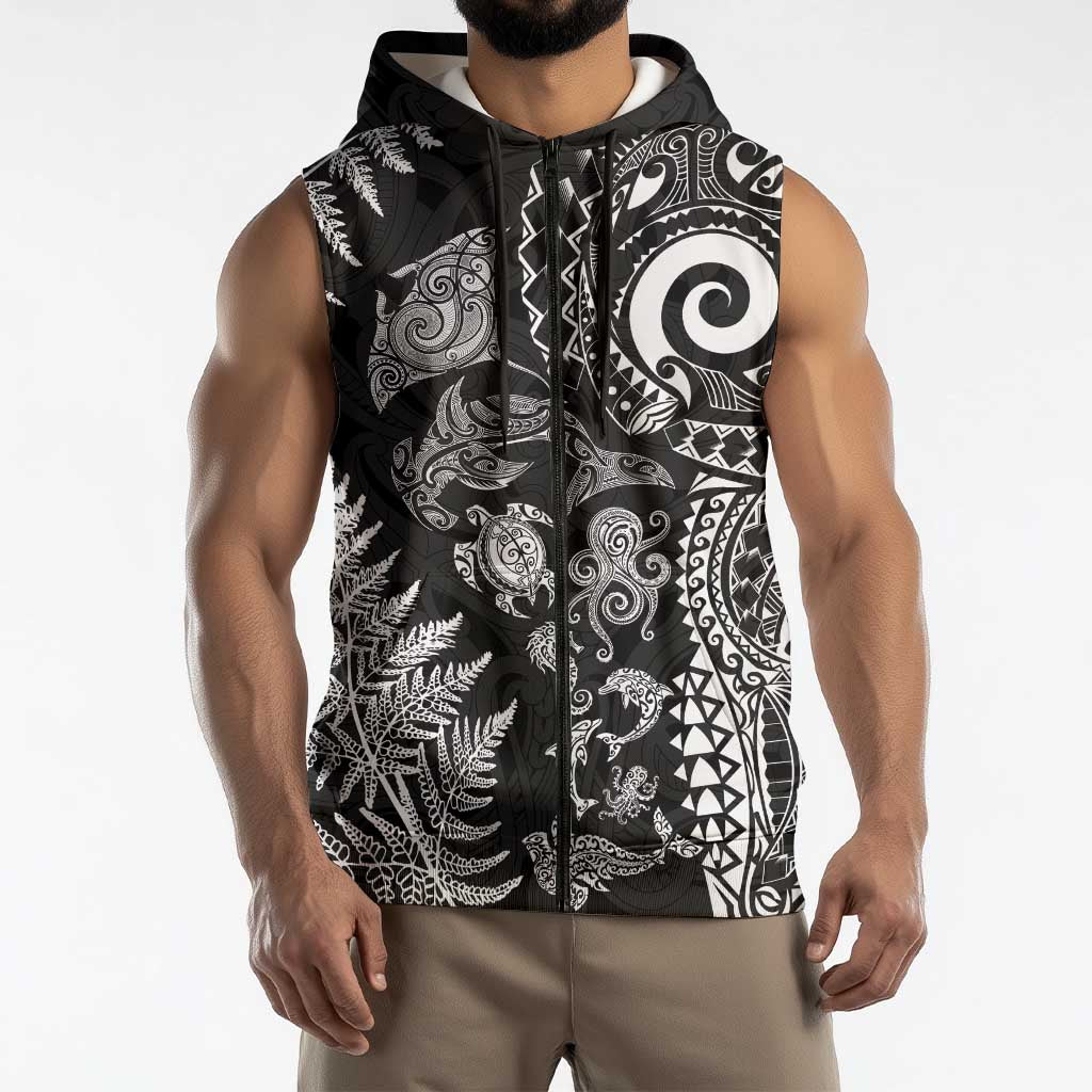 New Zealand Sea Animals Sleeveless Zip Hoodie with Maori Koru Tribal Tattoo and Silver Ferns Black Color LT03 - Polynesian Pride