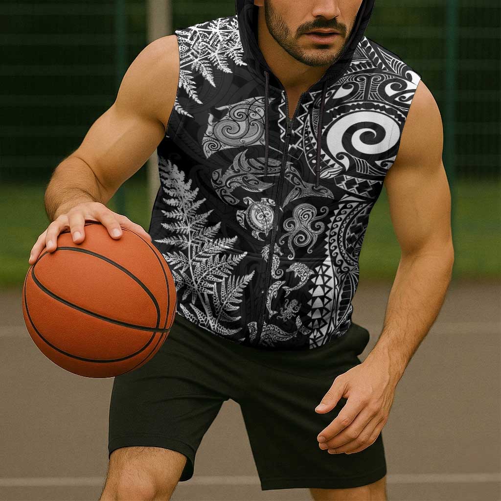 New Zealand Sea Animals Sleeveless Zip Hoodie with Maori Koru Tribal Tattoo and Silver Ferns Black Color LT03 - Polynesian Pride