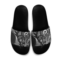 New Zealand Sea Animals Slide Sandals with Maori Koru Tribal Tattoo and Silver Ferns Black Color LT03 Black - Polynesian Pride