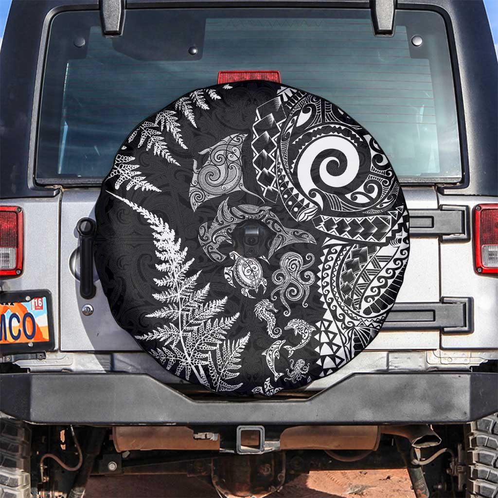 New Zealand Sea Animals Spare Tire Cover with Maori Koru Tribal Tattoo and Silver Ferns Black Color LT03 Black - Polynesian Pride