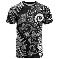 New Zealand Sea Animals T Shirt with Maori Koru Tribal Tattoo and Silver Ferns Black Color LT03 Black - Polynesian Pride