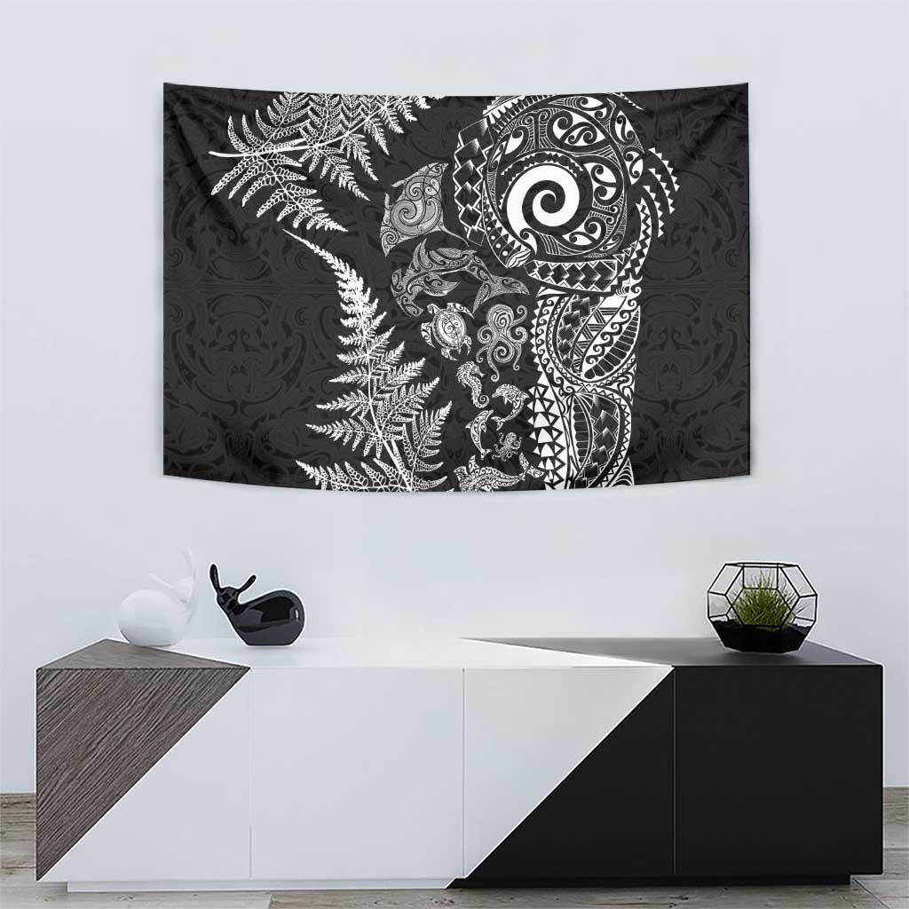 New Zealand Sea Animals Tapestry with Maori Koru Tribal Tattoo and Silver Ferns Black Color LT03 - Polynesian Pride
