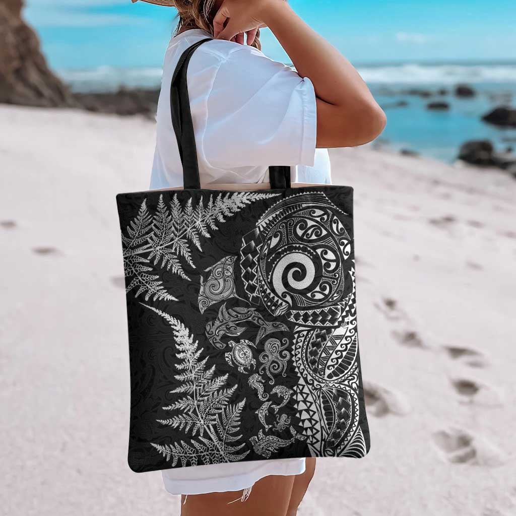New Zealand Sea Animals Tote Bag with Maori Koru Tribal Tattoo and Silver Ferns Black Color LT03 - Polynesian Pride