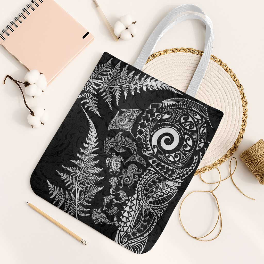 New Zealand Sea Animals Tote Bag with Maori Koru Tribal Tattoo and Silver Ferns Black Color LT03 White Strap One Size Black - Polynesian Pride