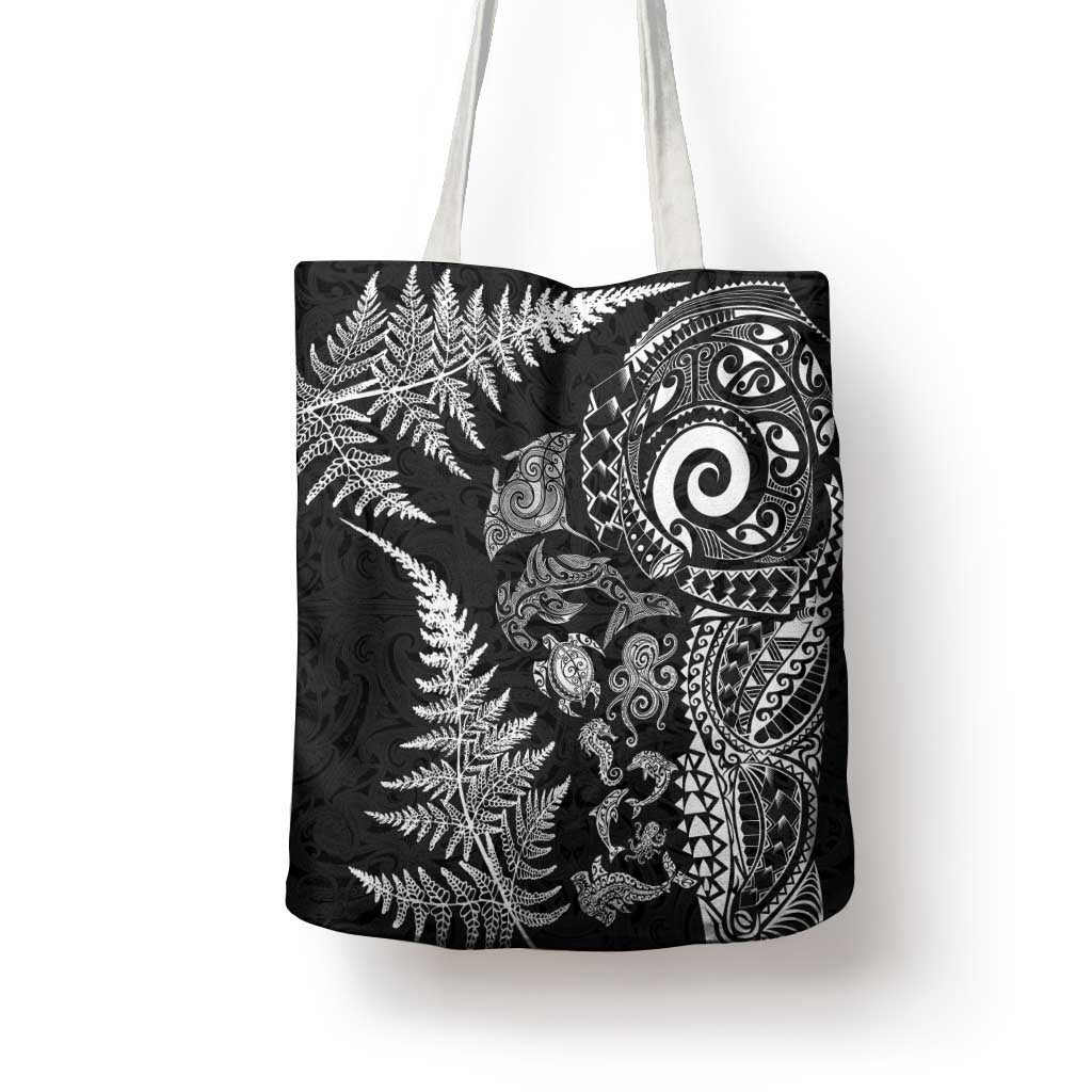 New Zealand Sea Animals Tote Bag with Maori Koru Tribal Tattoo and Silver Ferns Black Color LT03 - Polynesian Pride