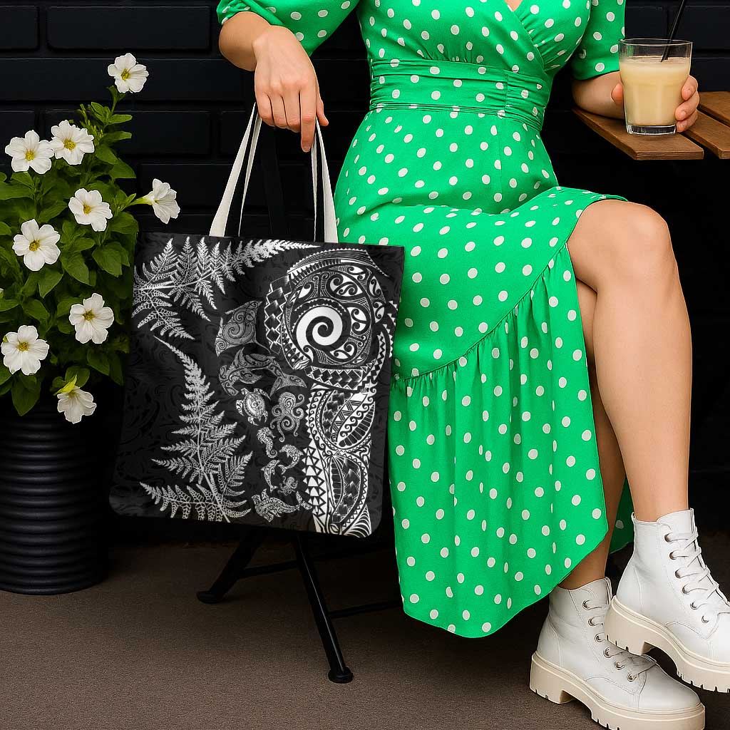 New Zealand Sea Animals Tote Bag with Maori Koru Tribal Tattoo and Silver Ferns Black Color LT03 - Polynesian Pride
