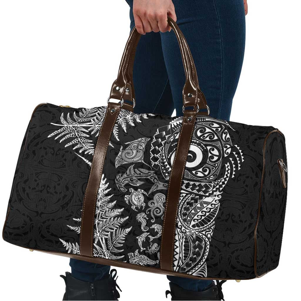 New Zealand Sea Animals Travel Bag with Maori Koru Tribal Tattoo and Silver Ferns Black Color LT03 - Polynesian Pride