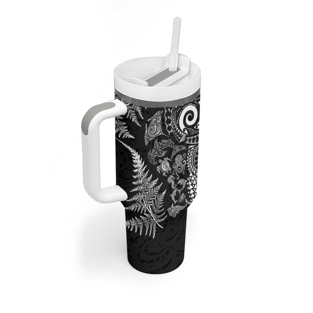 New Zealand Sea Animals Tumbler With Handle with Maori Koru Tribal Tattoo and Silver Ferns Black Color LT03 - Polynesian Pride
