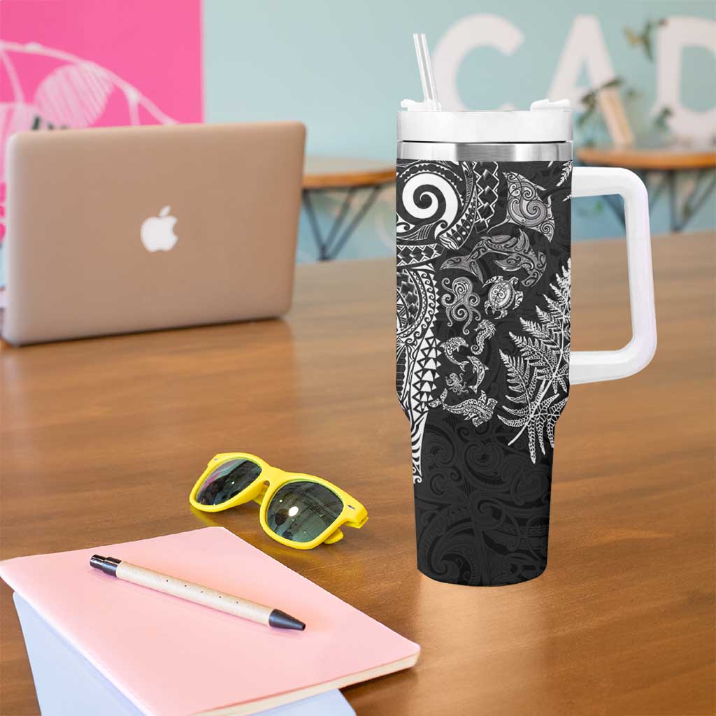 New Zealand Sea Animals Tumbler With Handle with Maori Koru Tribal Tattoo and Silver Ferns Black Color LT03 - Polynesian Pride