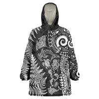 New Zealand Sea Animals Wearable Blanket Hoodie with Maori Koru Tribal Tattoo and Silver Ferns Black Color LT03 One Size Black - Polynesian Pride