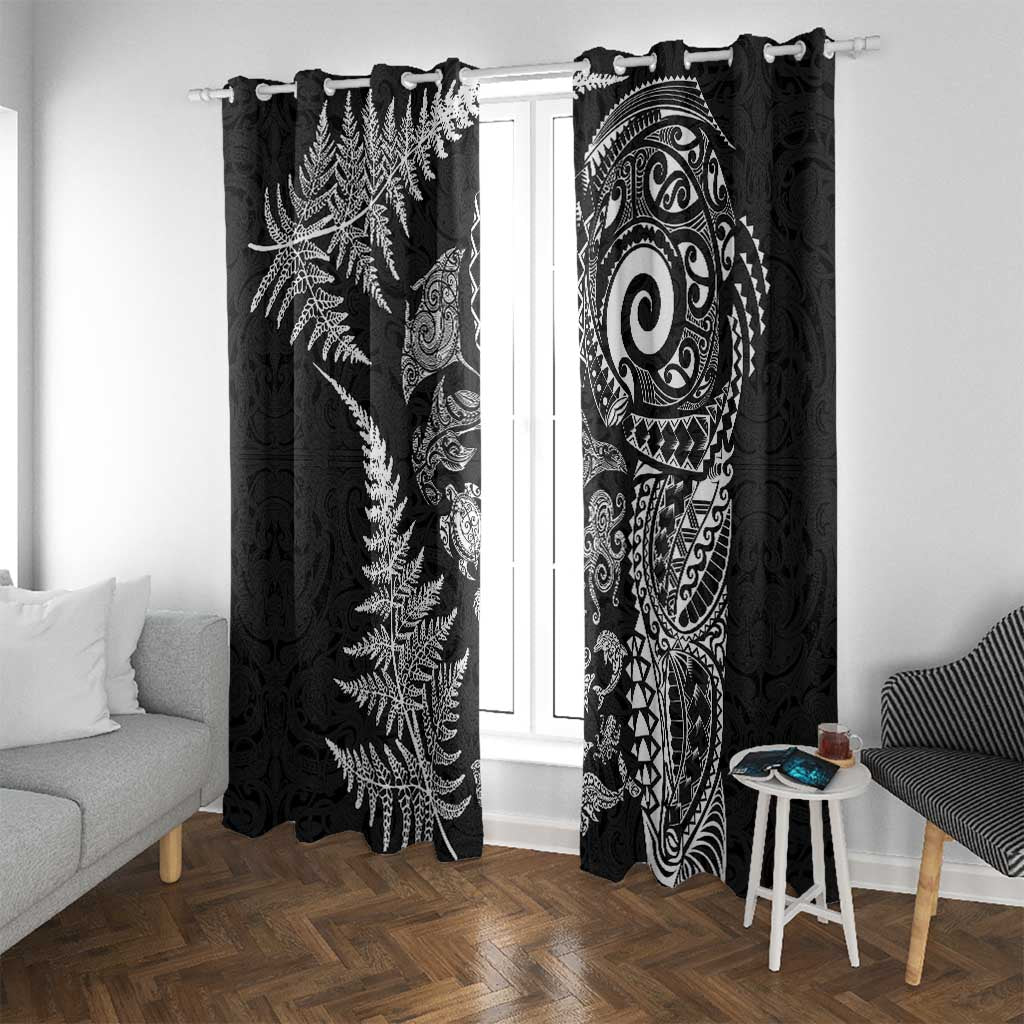 New Zealand Sea Animals Window Curtain with Maori Koru Tribal Tattoo and Silver Ferns Black Color LT03 With Grommets Black - Polynesian Pride