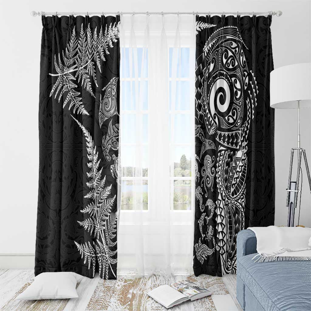 New Zealand Sea Animals Window Curtain with Maori Koru Tribal Tattoo and Silver Ferns Black Color LT03 - Polynesian Pride