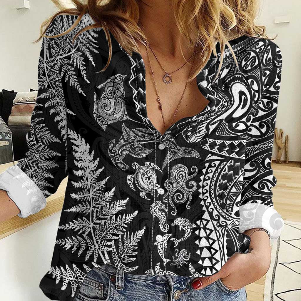 New Zealand Sea Animals Women Casual Shirt with Maori Koru Tribal Tattoo and Silver Ferns Black Color LT03 Female Black - Polynesian Pride