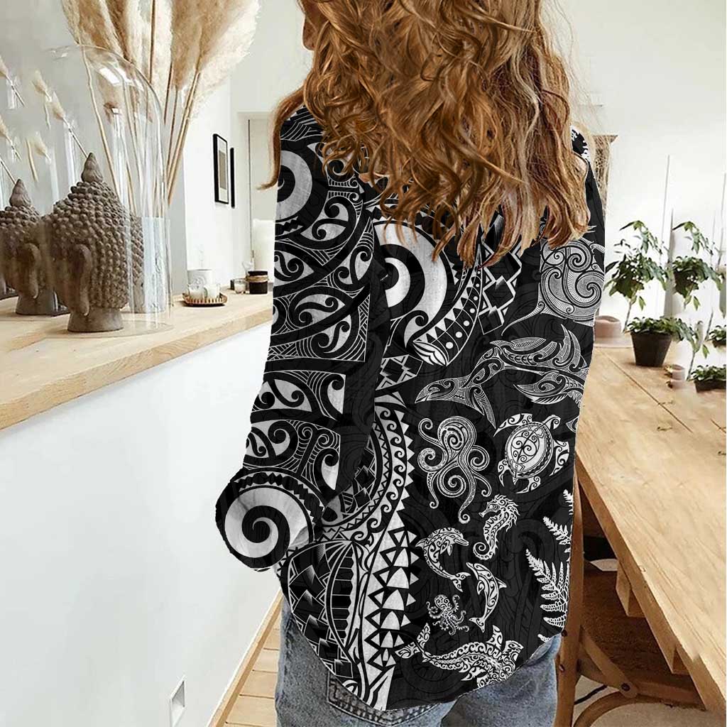 New Zealand Sea Animals Women Casual Shirt with Maori Koru Tribal Tattoo and Silver Ferns Black Color LT03 - Polynesian Pride