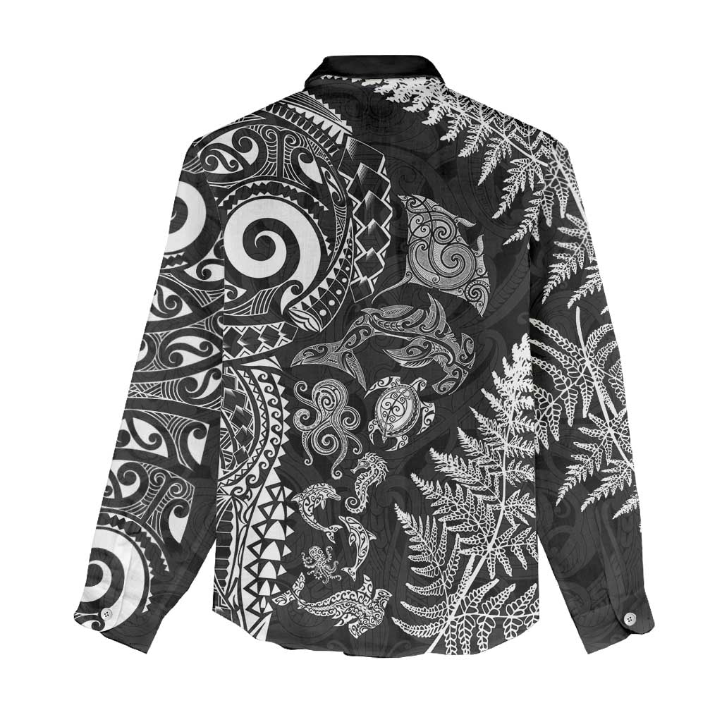 New Zealand Sea Animals Women Casual Shirt with Maori Koru Tribal Tattoo and Silver Ferns Black Color LT03 - Polynesian Pride