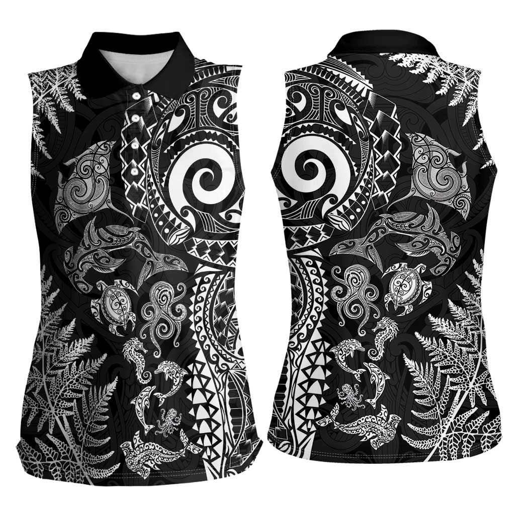 New Zealand Sea Animals Women Sleeveless Polo Shirt with Maori Koru Tribal Tattoo and Silver Ferns Black Color LT03 - Polynesian Pride