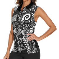 New Zealand Sea Animals Women Sleeveless Polo Shirt with Maori Koru Tribal Tattoo and Silver Ferns Black Color LT03 - Polynesian Pride