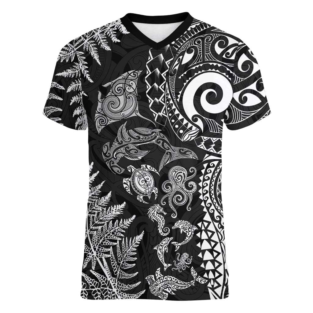 New Zealand Sea Animals Women V-Neck T-Shirt with Maori Koru Tribal Tattoo and Silver Ferns Black Color LT03 Female Black - Polynesian Pride
