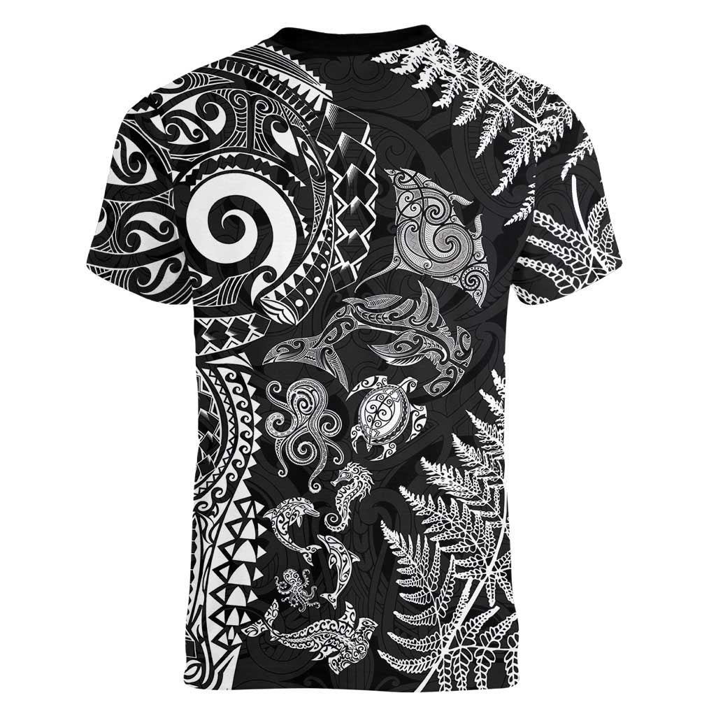 New Zealand Sea Animals Women V-Neck T-Shirt with Maori Koru Tribal Tattoo and Silver Ferns Black Color LT03 - Polynesian Pride