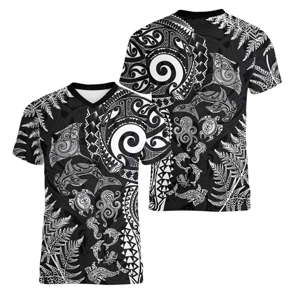 New Zealand Sea Animals Women V-Neck T-Shirt with Maori Koru Tribal Tattoo and Silver Ferns Black Color LT03 - Polynesian Pride