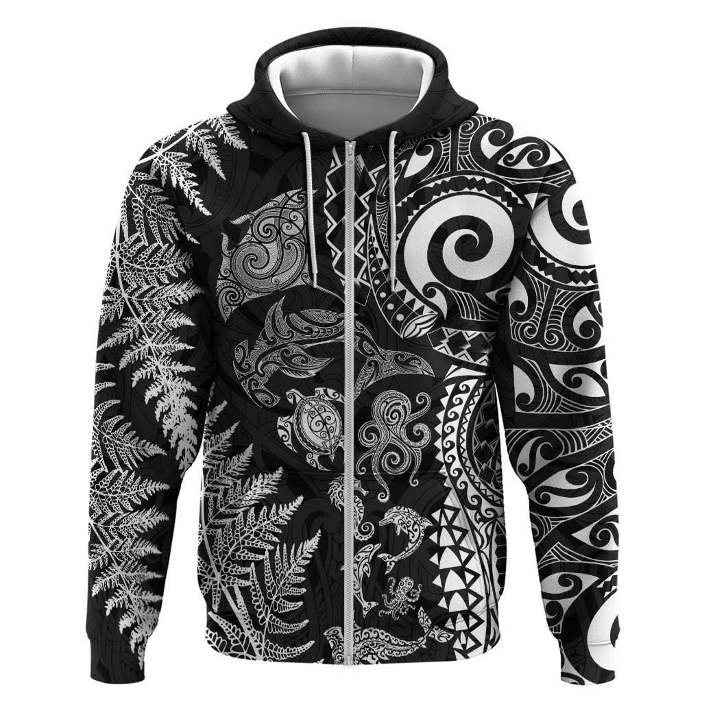 New Zealand Sea Animals Zip Hoodie with Maori Koru Tribal Tattoo and Silver Ferns Black Color LT03 Zip Hoodie Black - Polynesian Pride