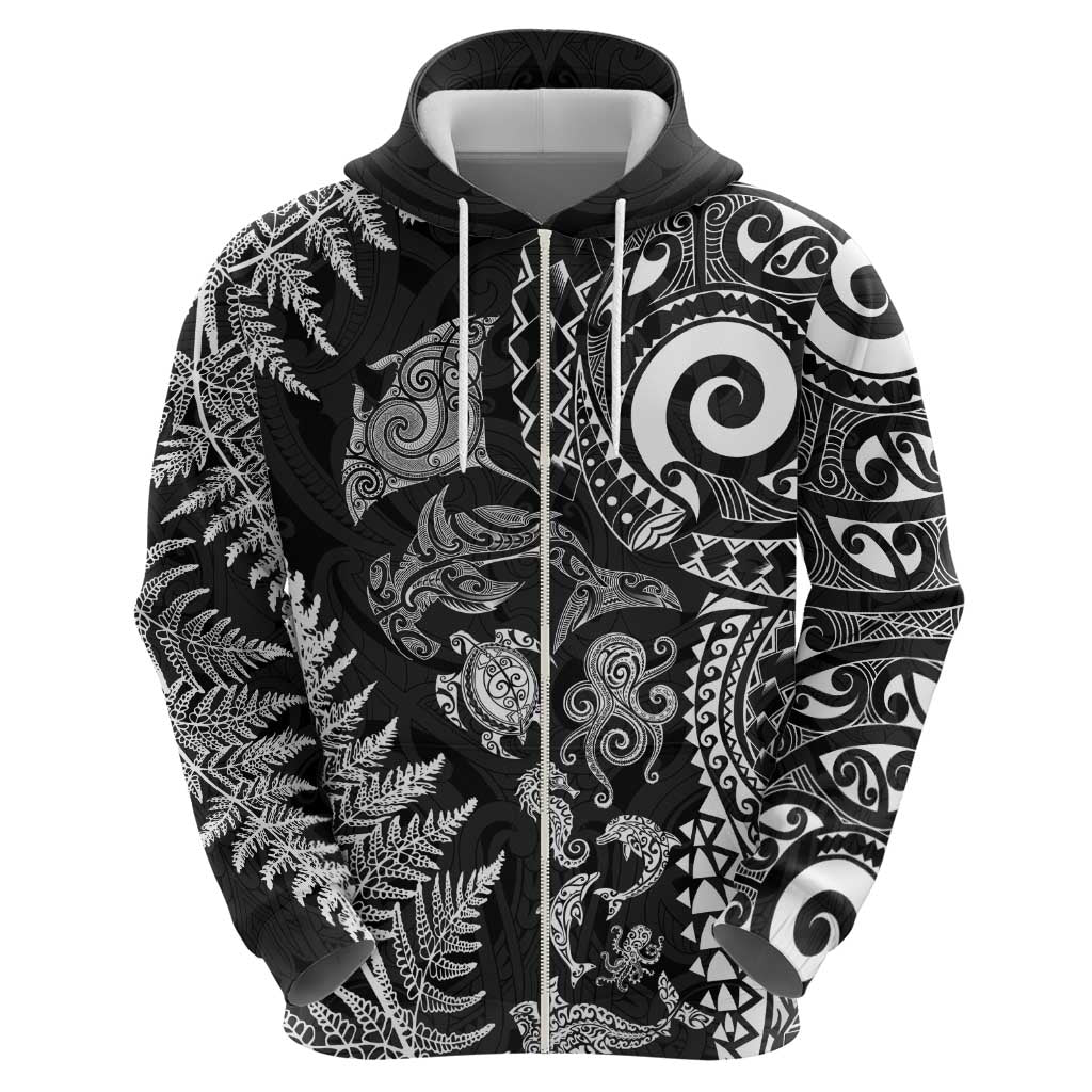 New Zealand Sea Animals Zip Hoodie with Maori Koru Tribal Tattoo and Silver Ferns Black Color LT03 - Polynesian Pride