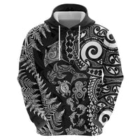 New Zealand Sea Animals Zip Hoodie with Maori Koru Tribal Tattoo and Silver Ferns Black Color LT03 - Polynesian Pride