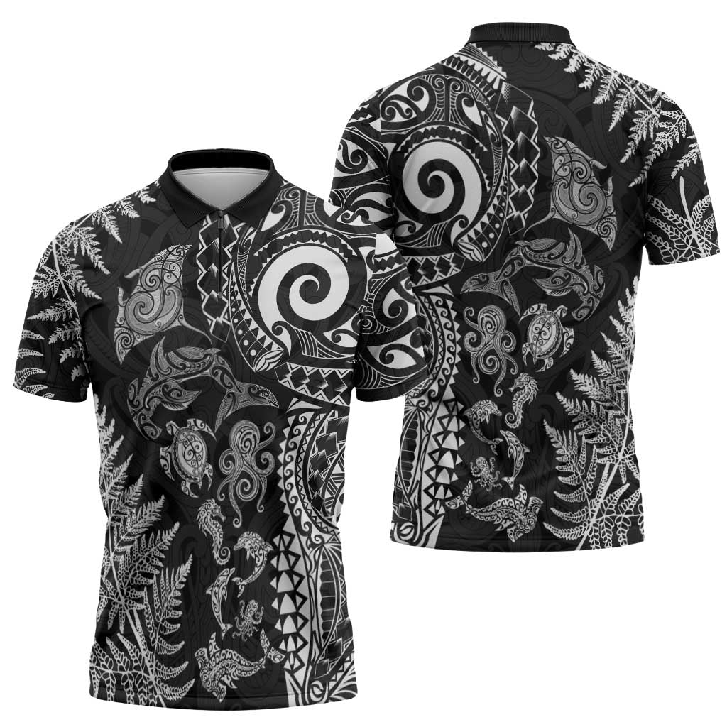 New Zealand Sea Animals Zipper Polo Shirt with Maori Koru Tribal Tattoo and Silver Ferns Black Color LT03 - Polynesian Pride