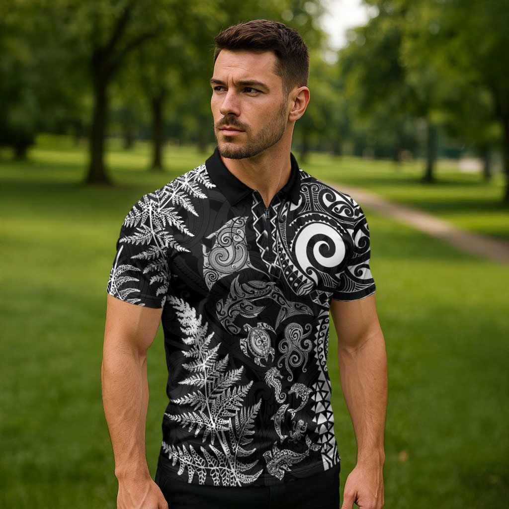 New Zealand Sea Animals Zipper Polo Shirt with Maori Koru Tribal Tattoo and Silver Ferns Black Color LT03 - Polynesian Pride