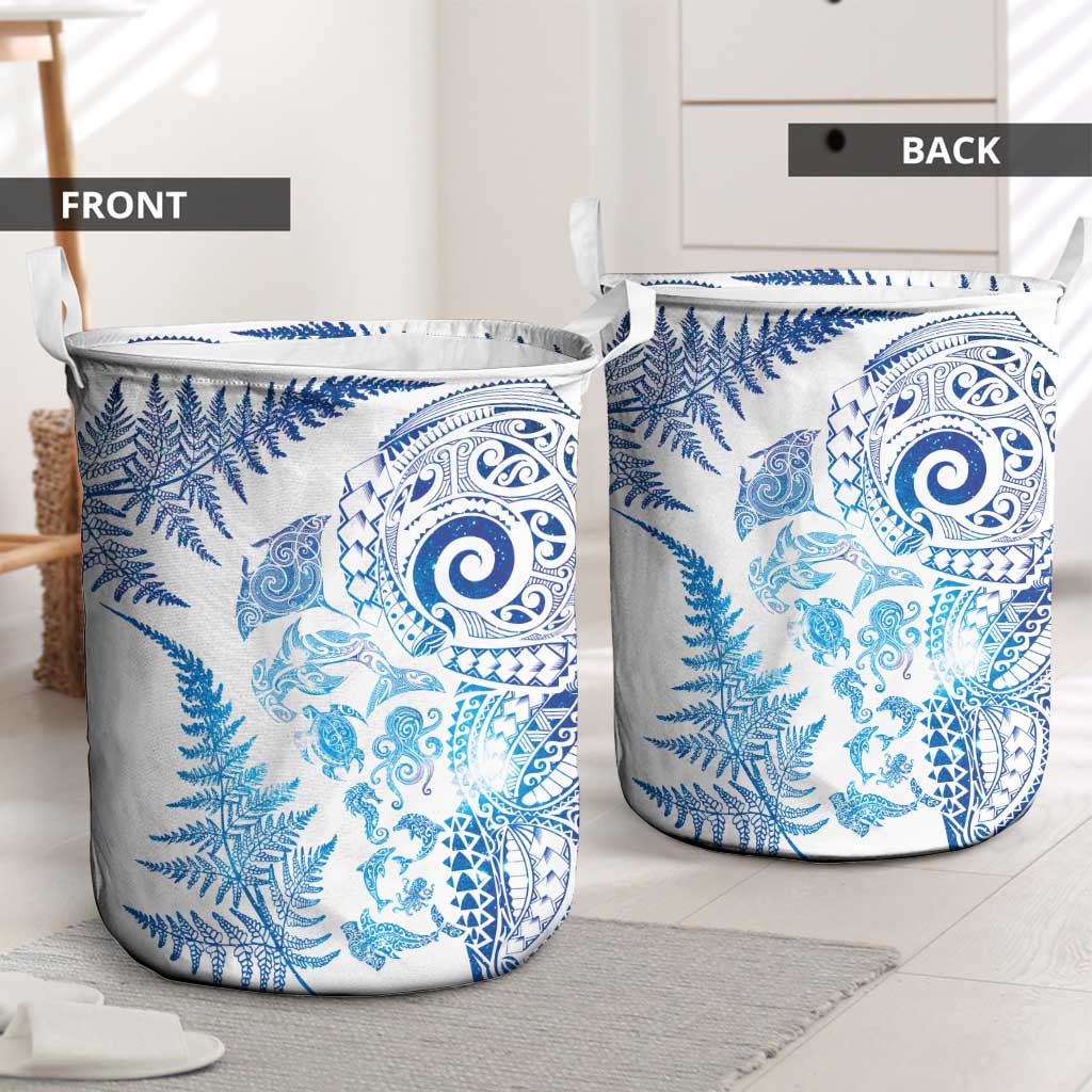 New Zealand Sea Animals Laundry Basket with Maori Koru Tribal Tattoo and Silver Ferns Galaxy Style LT03 - Polynesian Pride