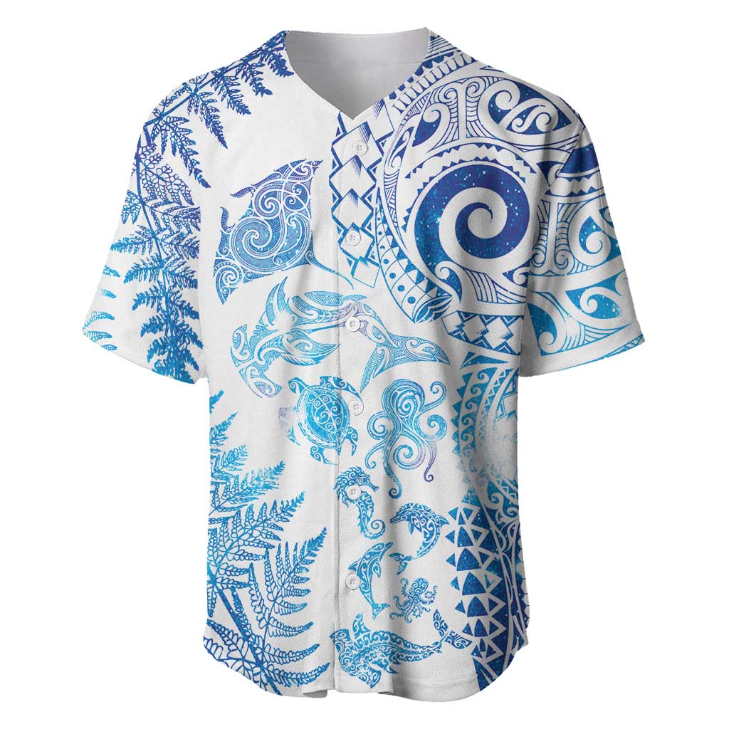 New Zealand Sea Animals Baseball Jersey with Maori Koru Tribal Tattoo and Silver Ferns Galaxy Style LT03 Multicolor - Polynesian Pride