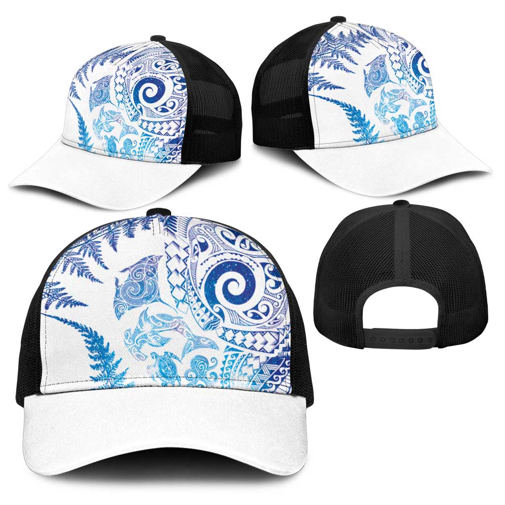 New Zealand Sea Animals Baseball Net Cap with Maori Koru Tribal Tattoo and Silver Ferns Galaxy Style LT03 - Polynesian Pride