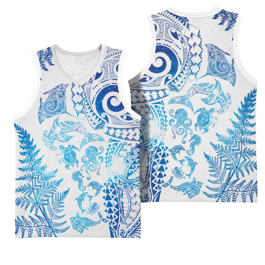 New Zealand Sea Animals Basketball Jersey with Maori Koru Tribal Tattoo and Silver Ferns Galaxy Style LT03 - Polynesian Pride