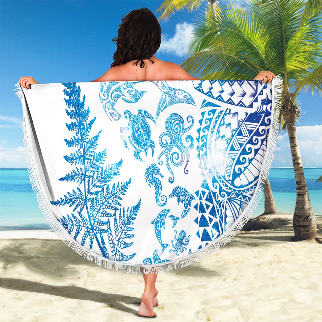 New Zealand Sea Animals Beach Blanket with Maori Koru Tribal Tattoo and Silver Ferns Galaxy Style LT03 - Polynesian Pride